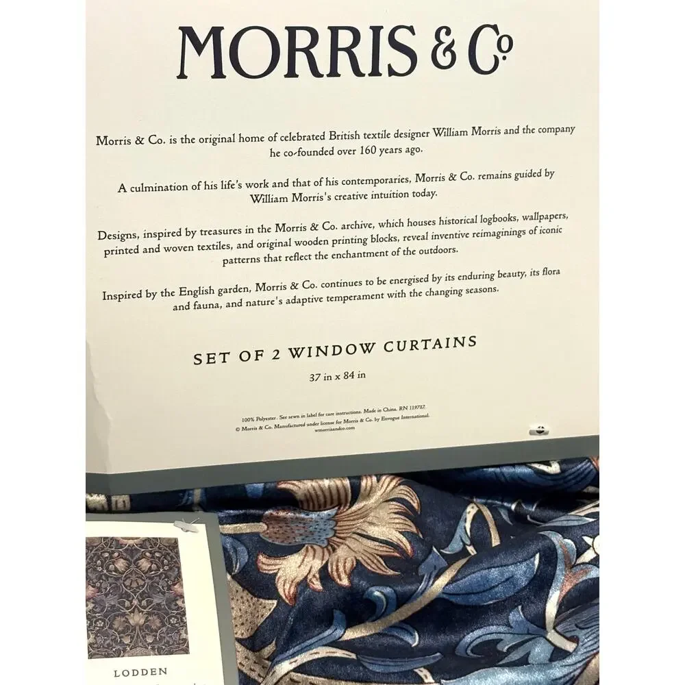 William Morris & Co. Window Curtains Panels Lodden Navy Blue Clay 37X84” Velvet